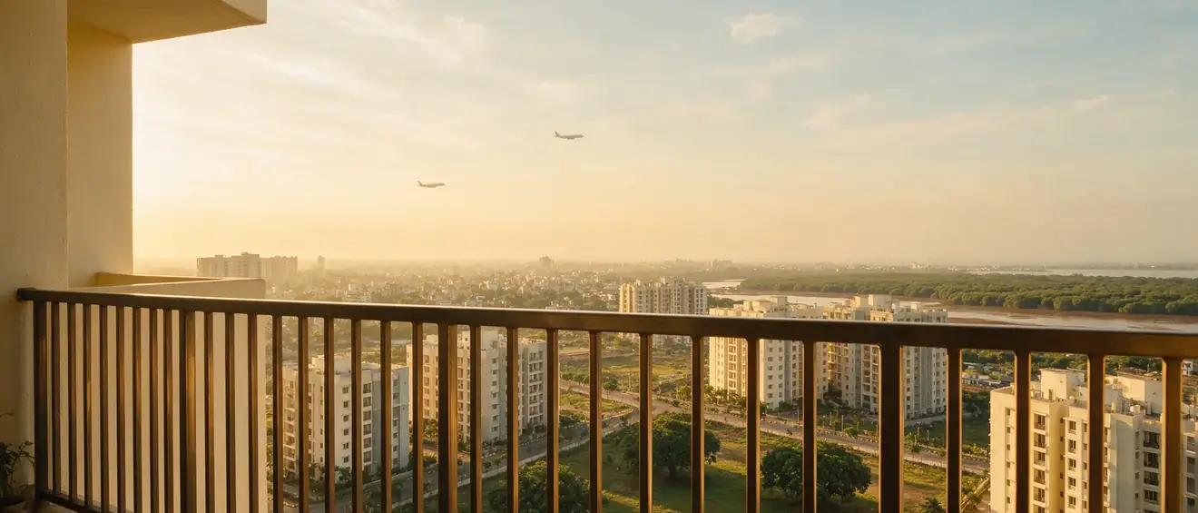 View from a North ONE balcony at golden hour over Ulwe, the creek and the mangrove belt, with an aircraft on approach