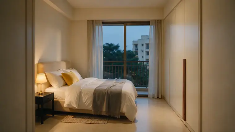 Bedroom of a two-bedroom home at North ONE at dusk, with a balcony door and full-height wardrobes