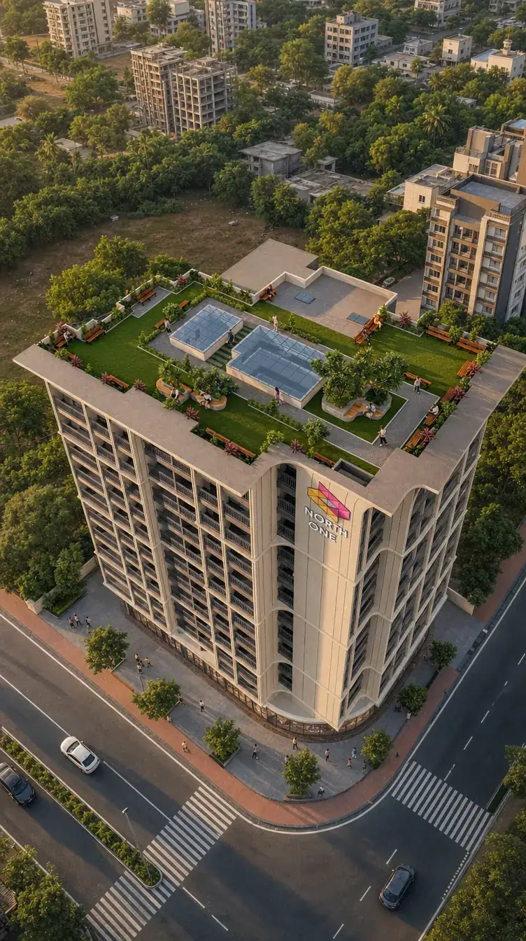 Aerial view of North ONE, a twelve-storey building with a landscaped roof garden, on a corner plot in Sector 18, Ulwe, Navi Mumbai