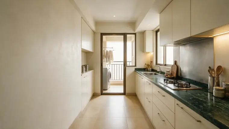 Kitchen at North ONE with a green stone counter and a separate dry balcony beyond for the washing machine