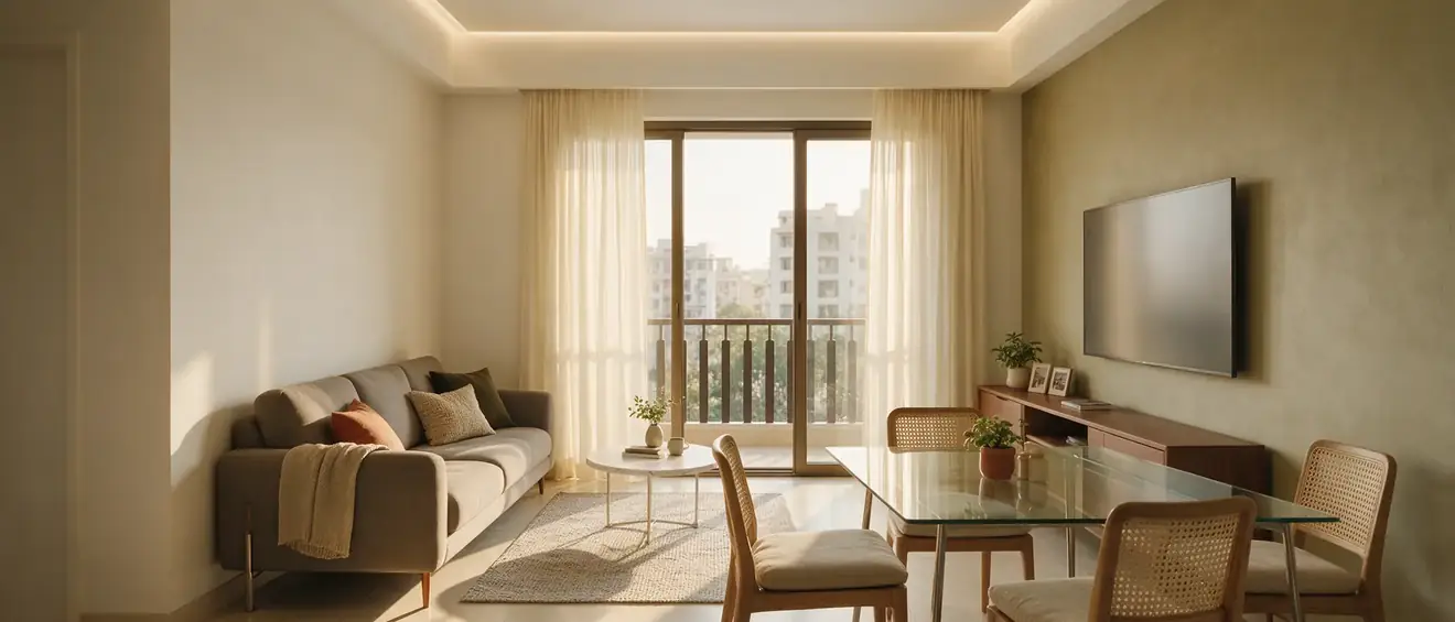 Living and dining room of a two-bedroom home at North ONE, opening onto a balcony in afternoon light