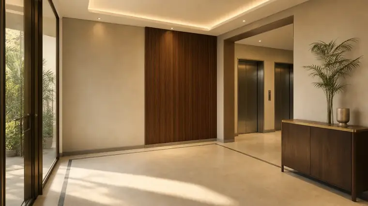 The entrance lobby at North ONE, with a timber slat feature wall opening to the lift bank