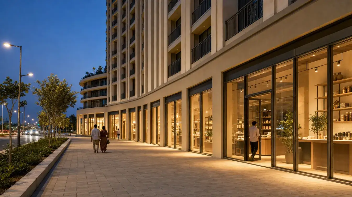 The ground-floor shopfronts at North ONE lit at dusk, with a wide paved otla along the pedestrian frontage