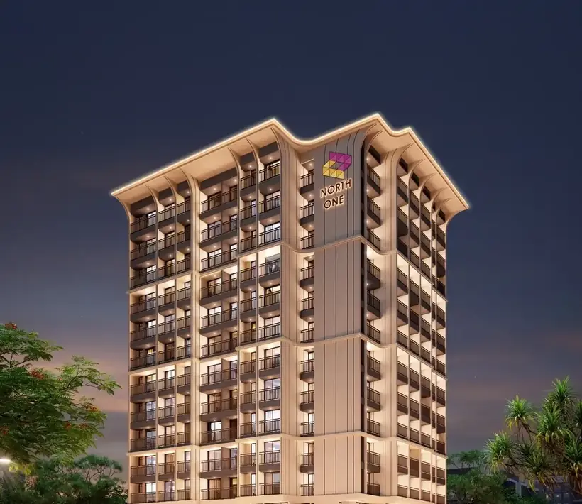 Elevation of North ONE at dusk showing full-height vertical piers, balcony bands and a curved crown in the Art Deco manner